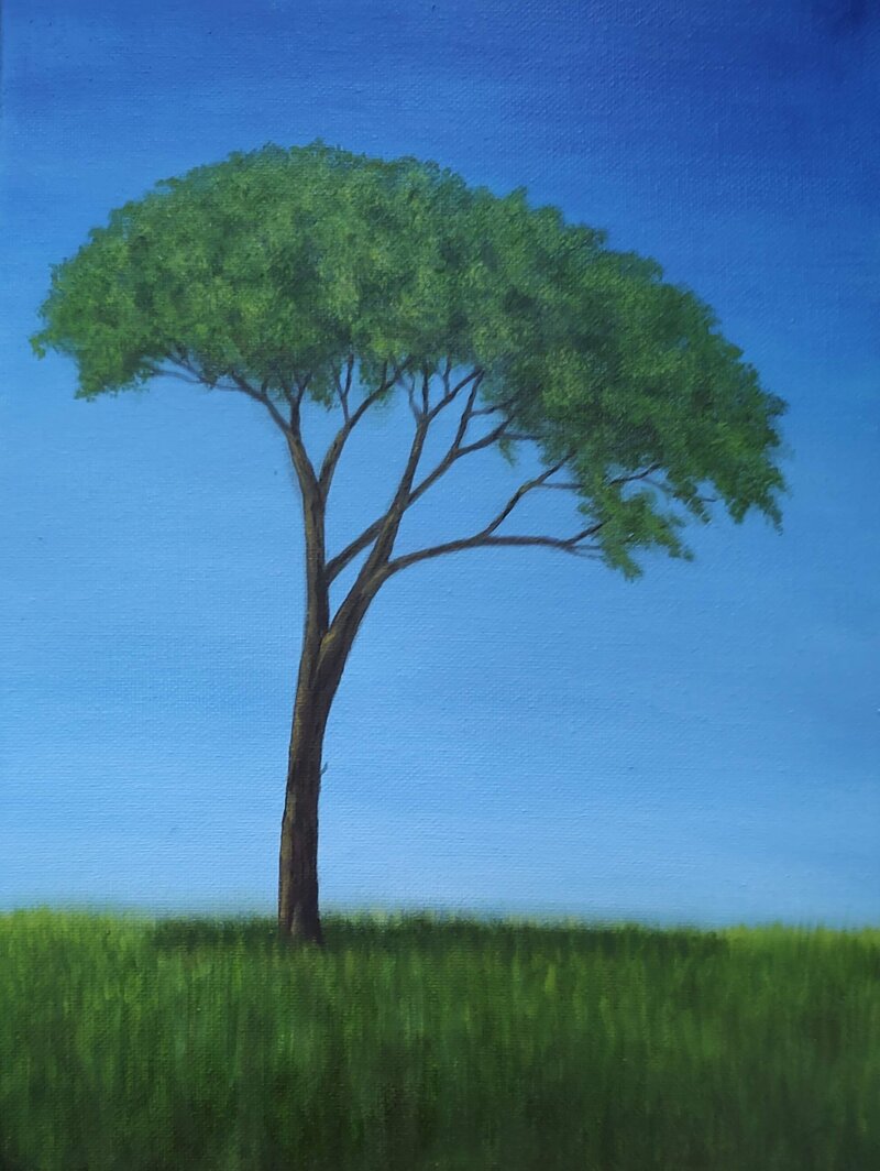 Silence — Mediterranean pine against deep blue sky, original oil painting on canvas by Alessandra Cortese De Bosis, Culpeper Virginia