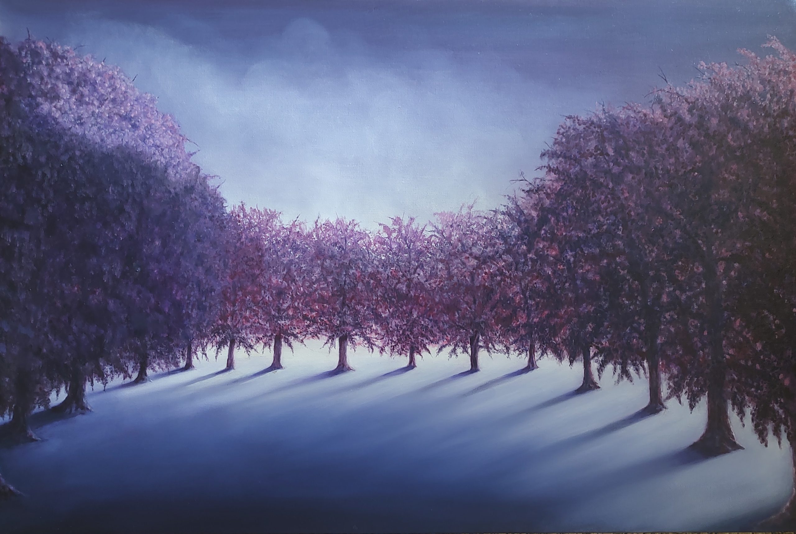 Nature's Embrace — backlit trees in purple hue forming a gentle semicircle, original oil painting on canvas by Alessandra Cortese De Bosis, Culpeper Virginia