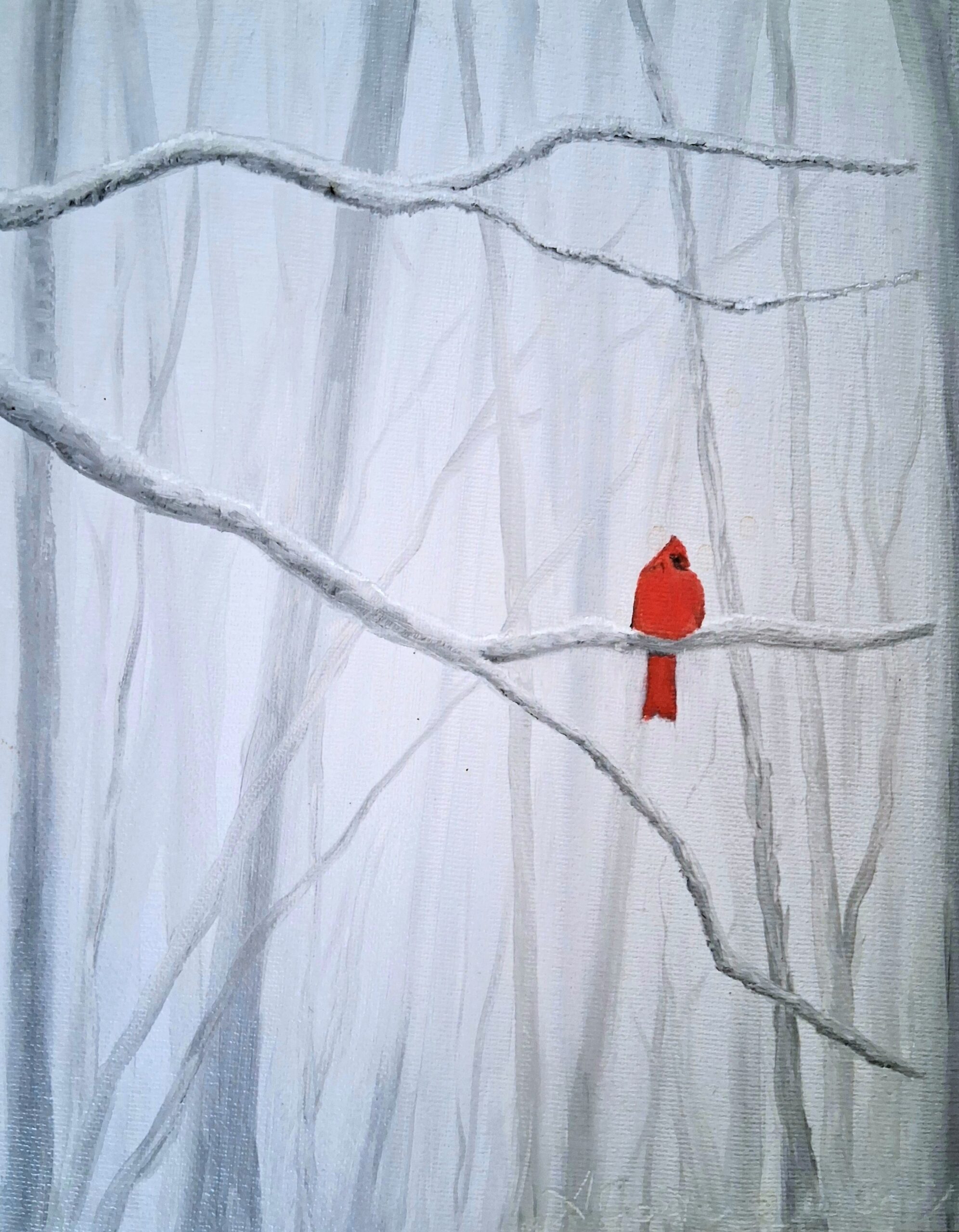 Trusting in Better Times to Come — red cardinal in foggy winter forest, original oil painting on canvas by Alessandra Cortese De Bosis, Culpeper Virginia